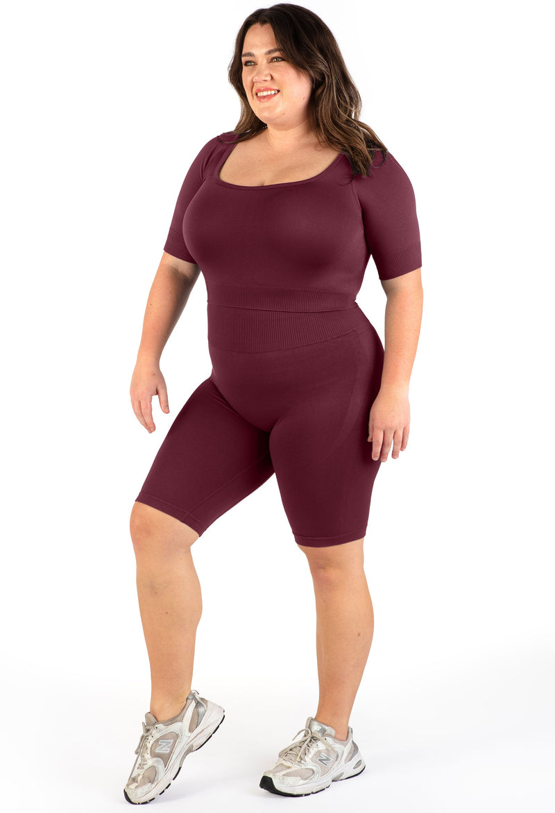 Plus Size Square Neck Short Sleeve Crop Top & High Waist Long Biker Shorts