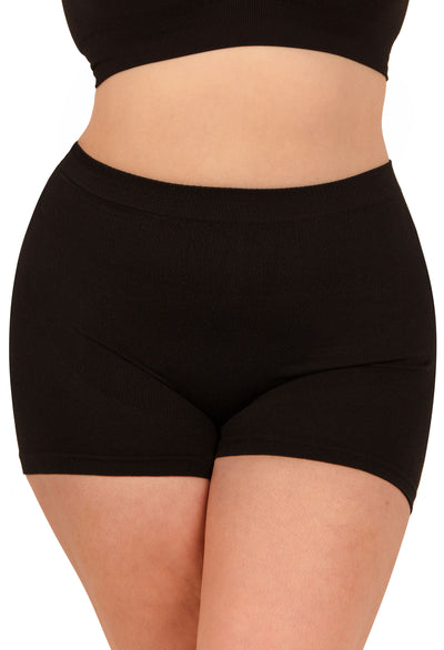 Close-up front view of black cotton rich high-waisted sleep shorts on a model